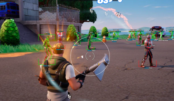 Fortnite spawn island ESP with skeleton boxes and aimbot reticle overlay